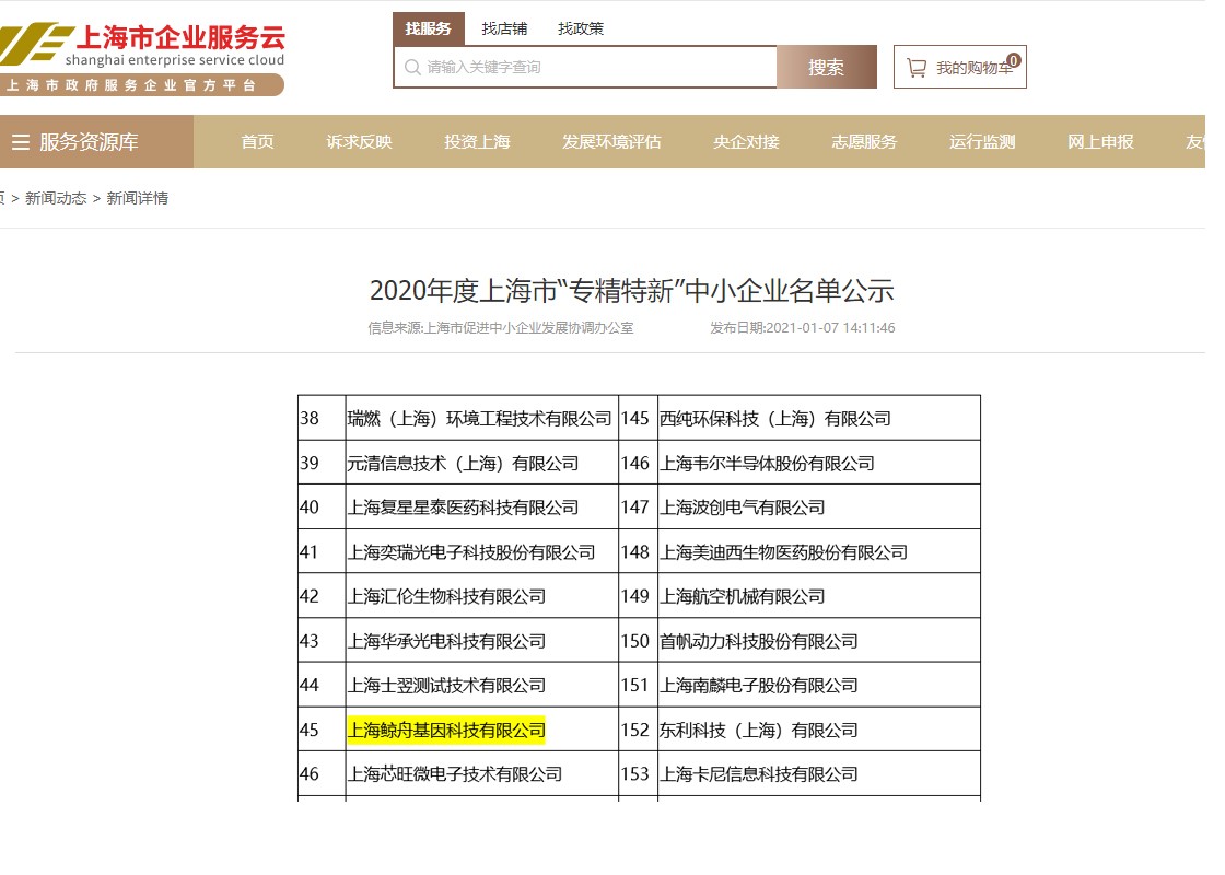 中科普瑞科研服务子公司—beat365官方最新版入围上海市“专精特新”中小企业名单
